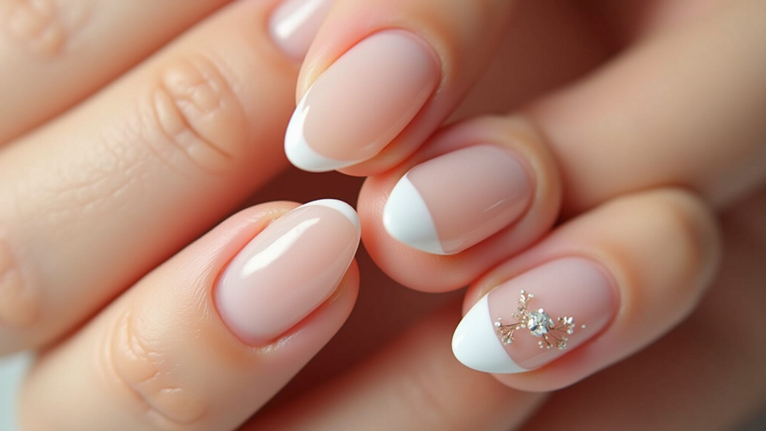 Unhas de gel decoradas delicadas em formato amendoado com francesinha moderna e arte floral sutil.