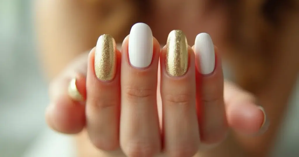 Unha em Gel Dourada com Branco: Luxo e Elegância Sem Esforço