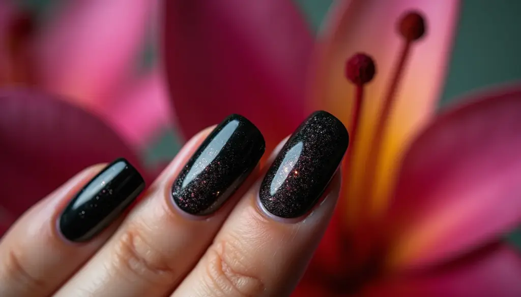 57 Ideias de Decoração de Unha Preta com Glitter que Duram Semanas