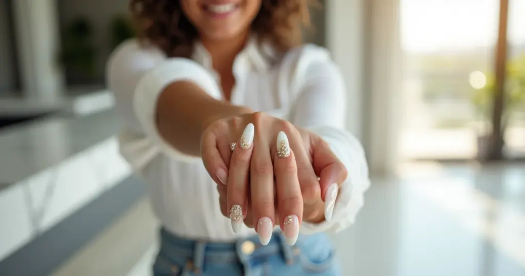 12 Ideias de Unha Amendoada Branca Decorada que São Elegância + Durabilidade