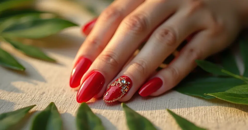 18 Ideias de Unha Amendoada Decorada Vermelha que Alongam os Dedos
