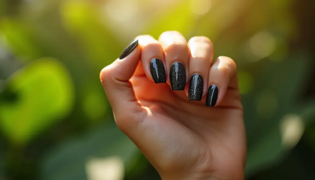 47 Ideias de Unha Amendoada Preta com Glitter Chique e Poderosa