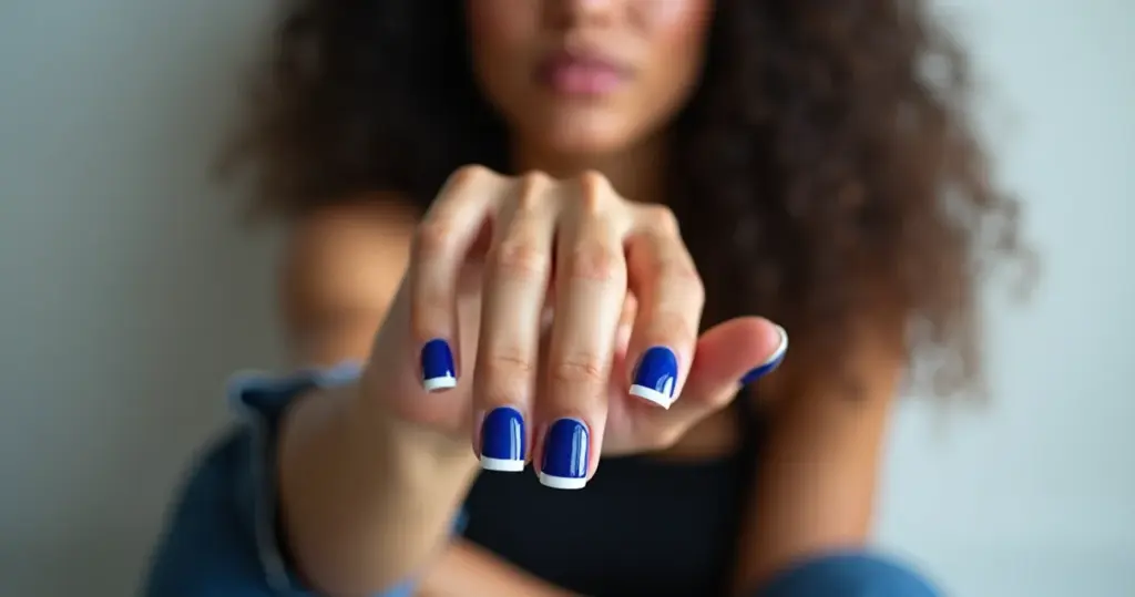 21 Ideias de Unha Azul com Francesinha Branca: O Truque da Linha Reta Perfeita