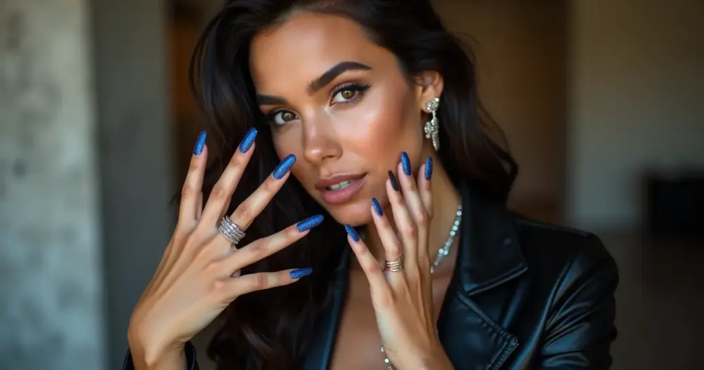 15 Ideias de Unha Azul Royal com Glitter que Duram 30 Dias