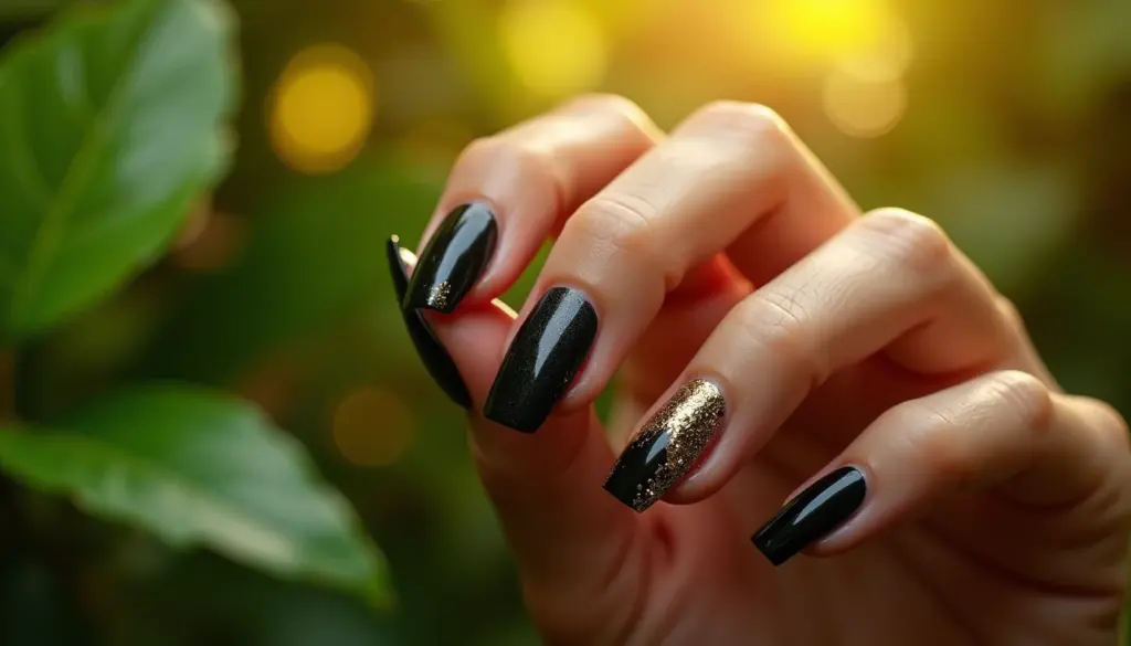 47 Ideias de Unha Preta com Folha de Ouro que Duram Sem Descolar